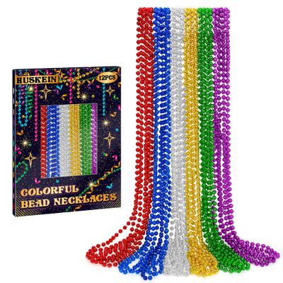 12 PCS Mardi Gras Beads Necklaces, 33" Metallic 6 Kinds Color Beaded Stuff Set, Festival Parade Throws, Colorful Assorted Carnival Costume Accessories for Christmas Parade Party Favors Decorations