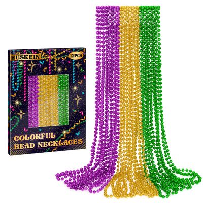 12 PCS Mardi Gras Beads Necklaces, 33" 3 Colors Beads Accessories Bulk, Carnival Purple Green Gold Party Supplies, Carnival Beads Necklace Accessories for Masquerade Holiday Party Favors Decorations