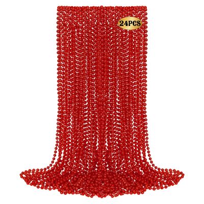 24 PCS Red Christmas Bead Necklaces, Mardi Gras Beads Bulk, 33" Metallic Color Beaded Costume Necklaces for Carnival, Beaded Accessory for Parade Throws Wedding Carnival Festive Event Accessories