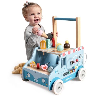 labebe Baby Push Walker, Wooden Activity Walker for Boys Girls 12M+, Push Walker Toy for Kids Learning to Walk, Adjustable Speed Learning Walking with Wheels, Birthday Gift for Babies Ages 1-3 (Blue)