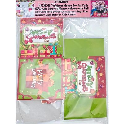 AFZMON Christmas Money Box for Cash Gift, Xmas Surprise Money Holders with Pull Out Card and 50Pcs Transparent Bags Fun Holiday Cash Box for Kids Adults