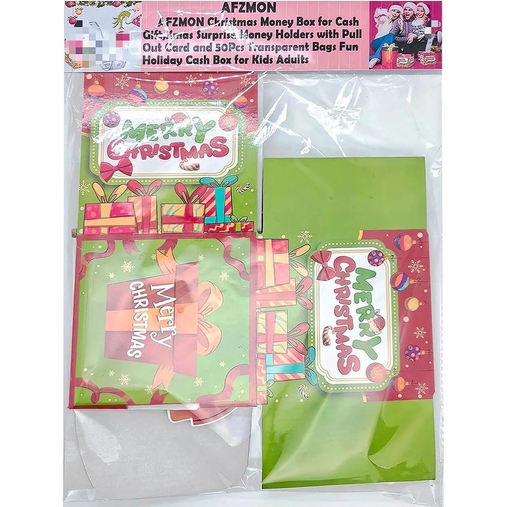 AFZMON Christmas Money Box for Cash Gift, Xmas Surprise Money Holders with Pull Out Card and 50Pcs Transparent Bags Fun Holiday Cash Box for Kids Adults