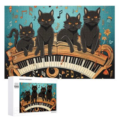 1000 PCS Jigsaw Puzzle for Adults Challenging Puzzle for Game Nights Four Black Cats Lying on The Piano Keyboard Jigsaw Puzzle Customized Personalized Wooden Puzzle Pieces for Family Home Decor Christ