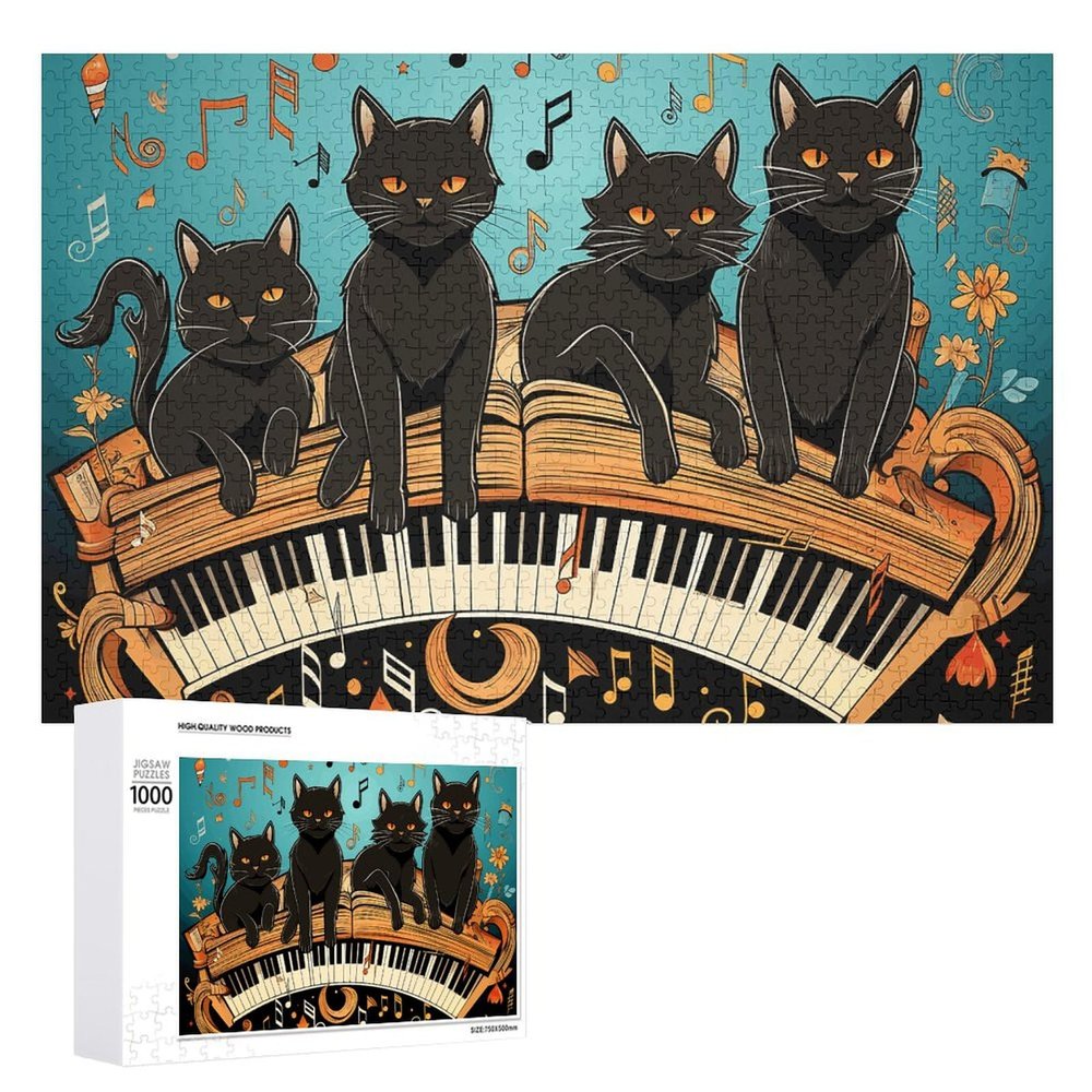 1000 PCS Jigsaw Puzzle for Adults Challenging Puzzle for Game Nights Four Black Cats Lying on The Piano Keyboard Jigsaw Puzzle Customized Personalized Wooden Puzzle Pieces for Family Home Decor Christ