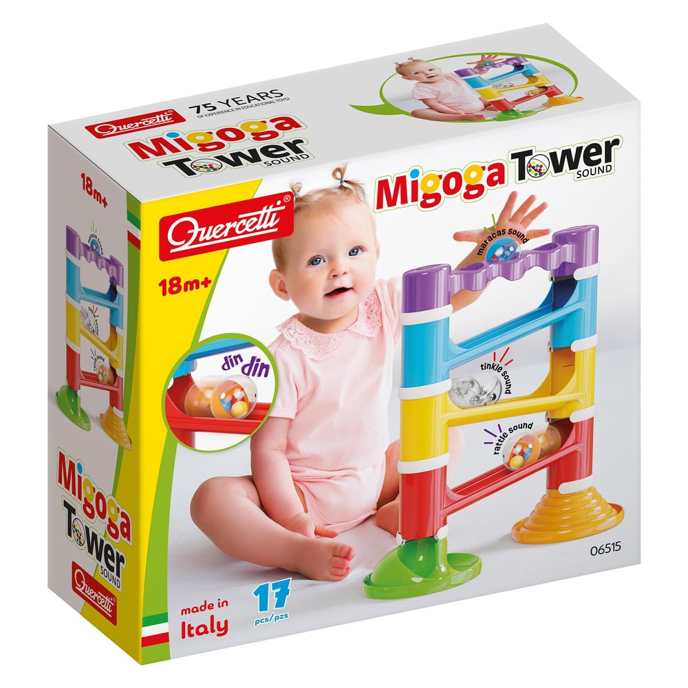 Quercetti: Migoga Tower - Sound Marble Run 17pc Stacking & Track Building Toy, 3 Large Colorful Sound Balls, Interactive Play, Toddlers & Kids 18mo+