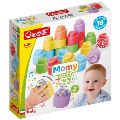 Quercetti: MOMY Soft - Happy Sound - 18pc Blocks Set, Rattle Pieces, Sorting & Stacking, Construction Toy, Early Development Play, Baby & Toddler 6mo+
