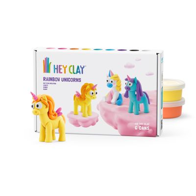 HEY CLAY Colorful Modeling Air Dry Clay for Kids 6 cans with Fun Interactive Instructions App - Kids Activities Age 3+ (Rainbow Unicorns: Lighty, Sunny, Rainy)