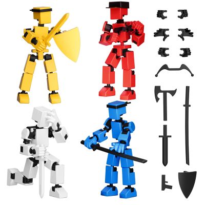 4PCS Mini Titan T-13 Action Figures Set, Assembly Completed Luck Dummy Robot 13 Action Figure Toys for Boys Stick Figures with Multi Joints Movable Fidget Gifts for Kids(White+Yellow+Red+Blue)