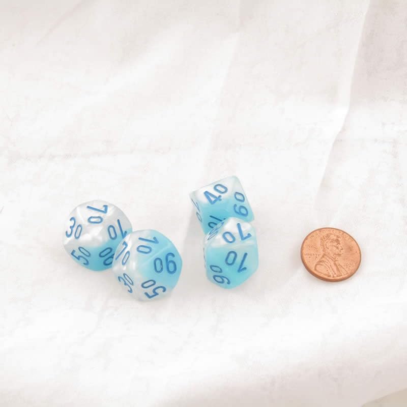 Turquoise and White Gemini Luminary Dice with Blue Numbers Perc D10 Aprox 16mm (5/8in) Pack of 4