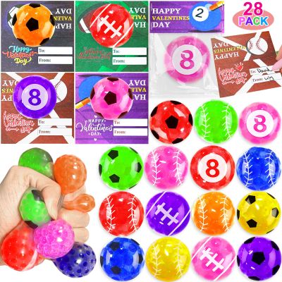 28 Pack Valentine's Day Gifts for Kids Teens, Sport Stress Balls with Valentine Cards Football Soccer Fidget Stress Relief Toys Squeeze Ball for Boys Girls School Classroom Exchange Prize Party Favors