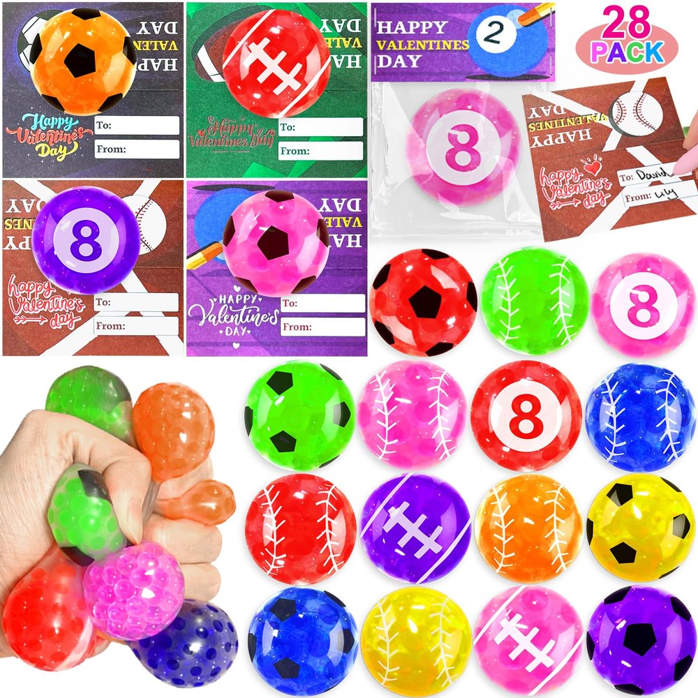 28 Pack Valentine's Day Gifts for Kids Teens, Sport Stress Balls with Valentine Cards Football Soccer Fidget Stress Relief Toys Squeeze Ball for Boys Girls School Classroom Exchange Prize Party Favors