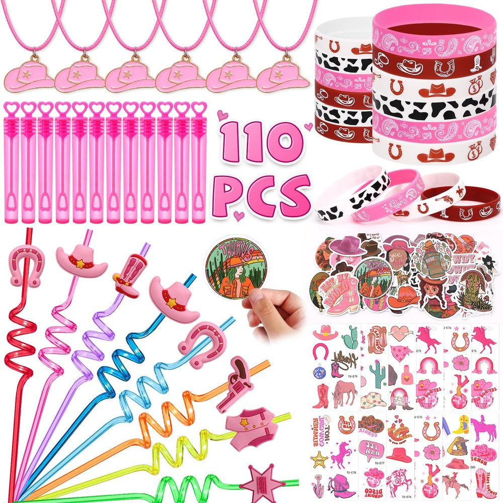 SNLN 110Pcs Cowgirl Party Favors Hot Pink Princess Birthday Supplies for Girls, Cowgirl Straws Necklace Bubble Wands Silicone Bracelet Western Tattoo Stickers Rodeo Hot Pink Horse Party Favors