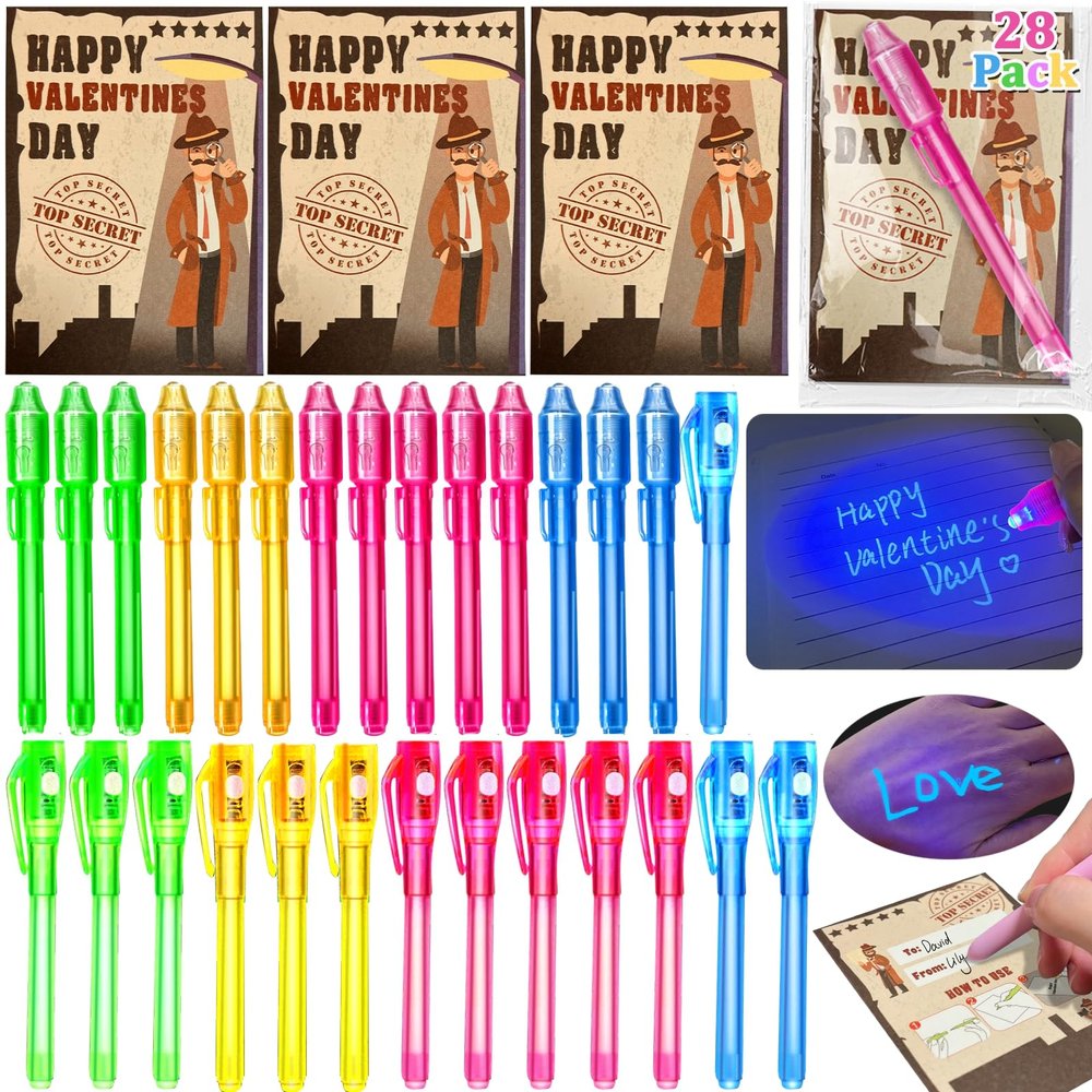 28 Pack Valentines Day Gifts for Kids 4-8 8-12 Invisible Ink Pen with Valentines Day Cards for Kids School Classroom Gifts,Valentines Party Favors Spy Pen Magic for Toddles Boys Girls Exchange Prizes