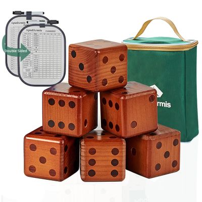 ApudArmis Classic Mahogany Giant Wooden Yard Dice Set, 3.5In Big Die Lawn Game Set with Scoreboard & Carrying Bag - Large Pine Wooden 6 Dice Backyard Game for Adults Family