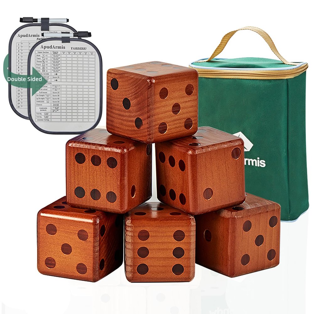 ApudArmis Classic Mahogany Giant Wooden Yard Dice Set, 3.5In Big Die Lawn Game Set with Scoreboard & Carrying Bag - Large Pine Wooden 6 Dice Backyard Game for Adults Family