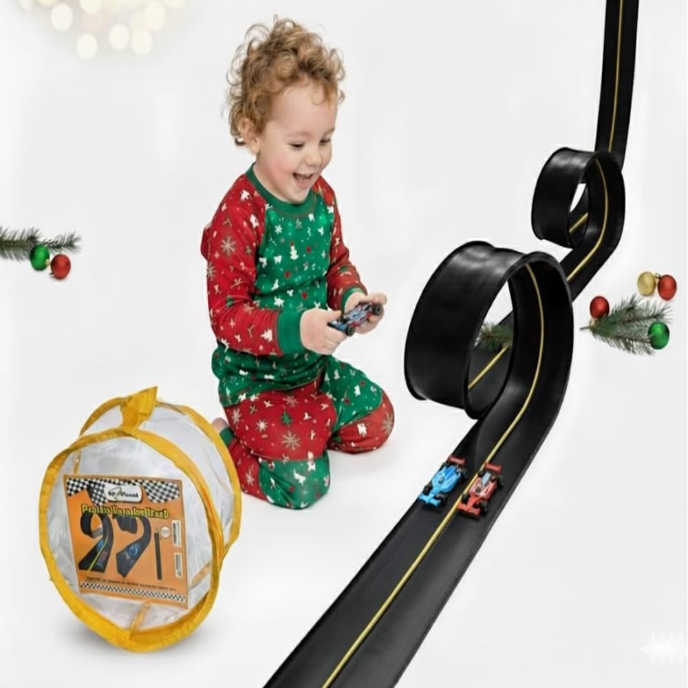 FLXTRACK Flexible Race Car Track Set, with Pressure Suction Cup, 2 Small racecars, Zipup Storage Bag, Highly Flexible Two-Lane, Slot Car Race Tracks Set, DOUBLESIDED 5+ Meters Long, Montessori Toy