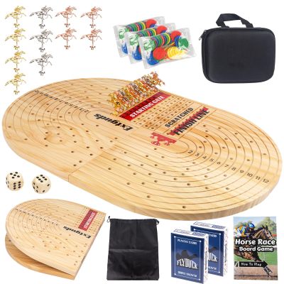 24.8in Wood Horse Race Board Game,Foldable Horse Racing Game,Large Size,with 11 Premium Metal Horses,96 Chips,2 dice,2 Boxes of Playing Cards,Storage Box,Large Storage Bag and Instruction Manual
