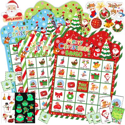 Bolake 43Pcs Christmas Bingo Games for Kids Adults 24 Players Christmas Bingo Cards with Reward Stickers Christmas Tattoos for Kids Glow in The Dark for Family Party School Indoor Games Activities