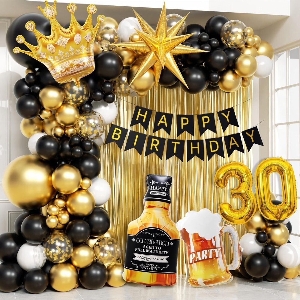 112pcs 30th Birthday Decorations for Him, 30th Birthday Decorations with Number 30 Foil Balloon Fringe Curtains White Black and Gold Balloons for Happy Birthday Party Decoration