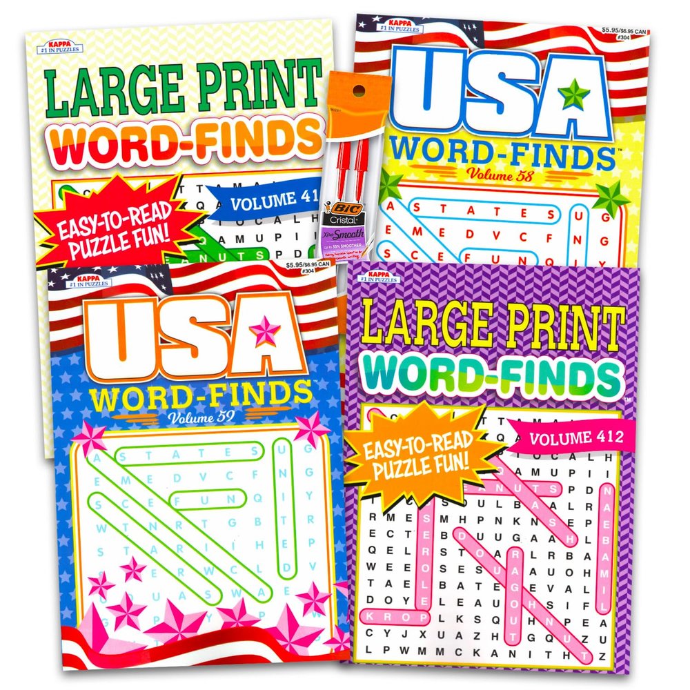 Large Print Word Search Books for Adults - Variety Word Puzzle Books for Adults Bundle with 4 Word Search Books Plus Pens | Giant Print Word Search Books for Adults, Seniors, Kids
