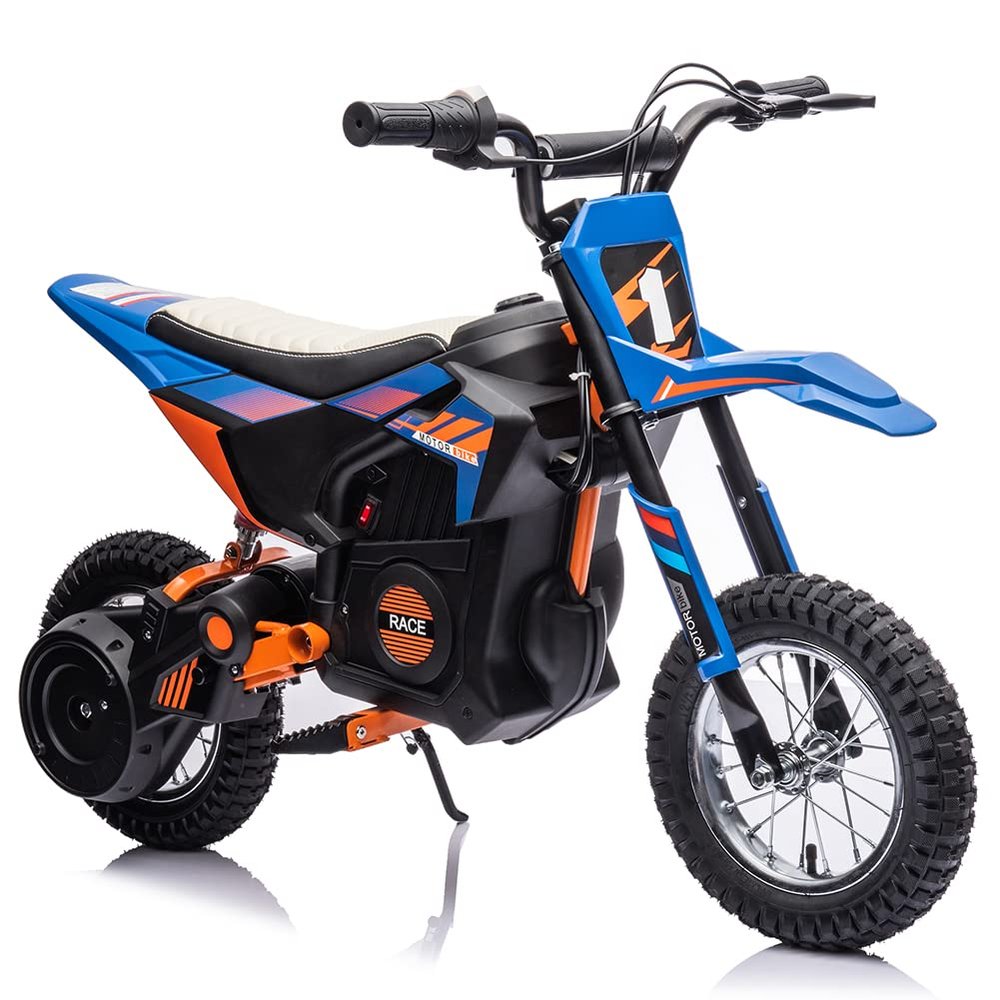 24V Kids Ride On Motorcycle, Electric Off Road Motocross with 250W Strong Motor, Fast Speed Up to 13.6 Mph, Chain Driven, Leather Seat, Disc Brake, and Air-Filled Tires,Blue