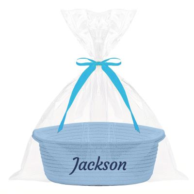 Customizable Small Woven Basket, Personalized Gift Storage Basket, Rope Storage for Baby Shower, Holiday Decor, Empty Gift Basket, Blue 12 x 8 x 5