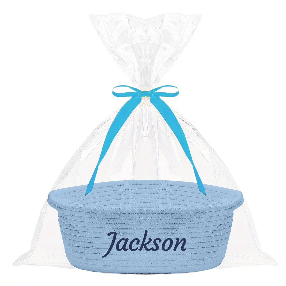 Customizable Small Woven Basket, Personalized Gift Storage Basket, Rope Storage for Baby Shower, Holiday Decor, Empty Gift Basket, Blue 12 x 8 x 5