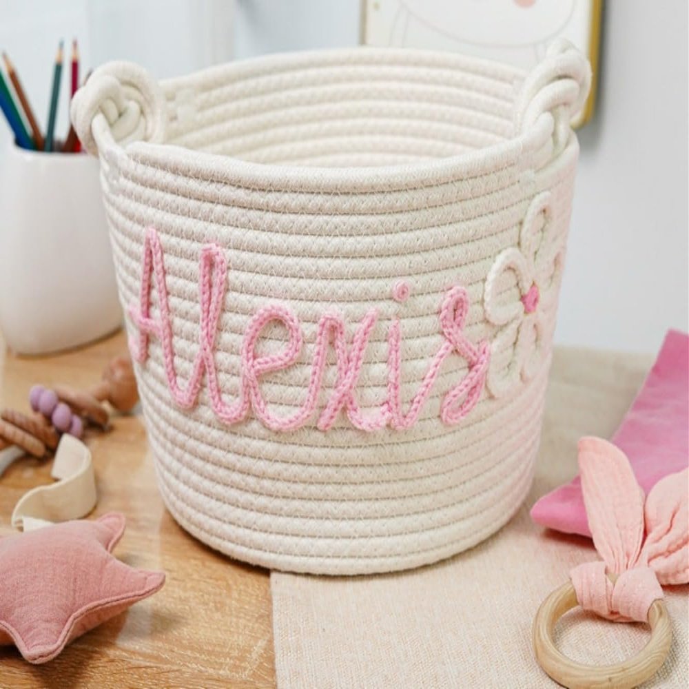 Zhongzhi Personalized Handmade Basket, Baby Gift, Cotton Rope Basket, Baby Basket, Toy Basket Name Newborn Monogram Baby Name Gift (40x24x15cm)