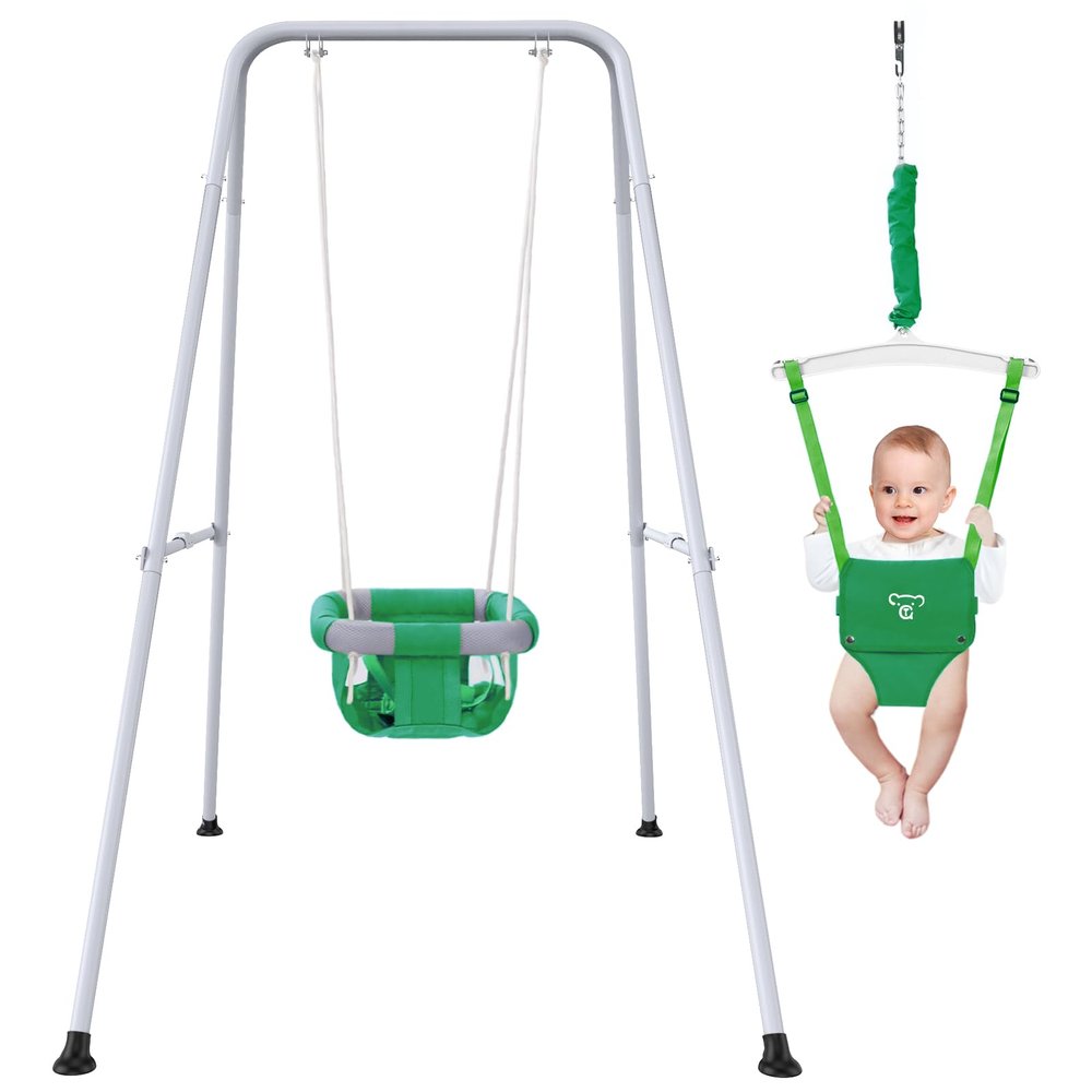 2 in 1 Baby Jumper with Swing-Indoor and Outdoor Use, Baby Jumpers and Bouncers, Toddler Swing with Foldable StandGreen