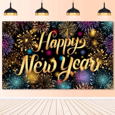 2026 New Year Decorations - Happy New Year Backdrop Banner with Firework Pattern Large Sign Photography Background Wall Decorations for 2026 New Years Eve Party Supplies