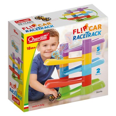 Quercetti: Flip Car Race Track - Stacking Ramp Toy Playset - Easy to Assemble, 2 Flipping Cars for Continuous Racing Action, Toddlers & Kids 18mo+