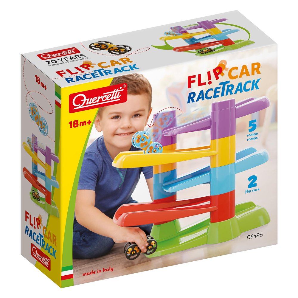 Quercetti: Flip Car Race Track - Stacking Ramp Toy Playset - Easy to Assemble, 2 Flipping Cars for Continuous Racing Action, Toddlers & Kids 18mo+