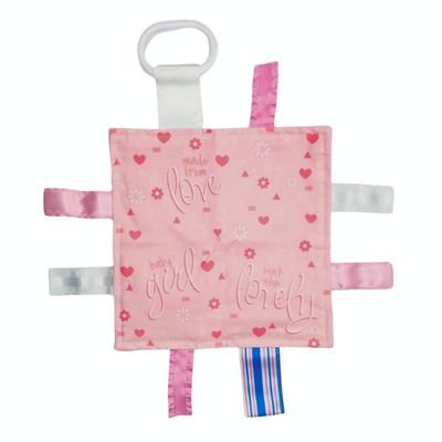 Baby Jack & Co 8x8 Learning Lovey Baby Girl Newborn Gender Reveal Tag Stroller Toy for Babies - Crinkle Toys for Developing Five Senses - Pink Hospital Blanket - Shower Gift - BPA Free Clip
