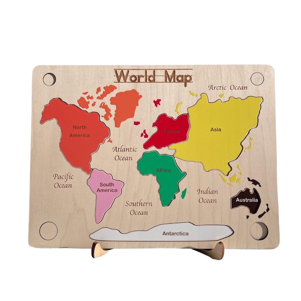 Handmade Montessori Continent Map Puzzle Wooden Educational Geography Toy Made in Canada
