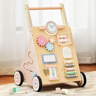 Tltaroni Wooden Baby Walker, Baby Push Walker with Wheels Multiple Learning Activity Center Baby Walker Adjustable Height and Speed for Girls Ages 9+ Months, Pink
