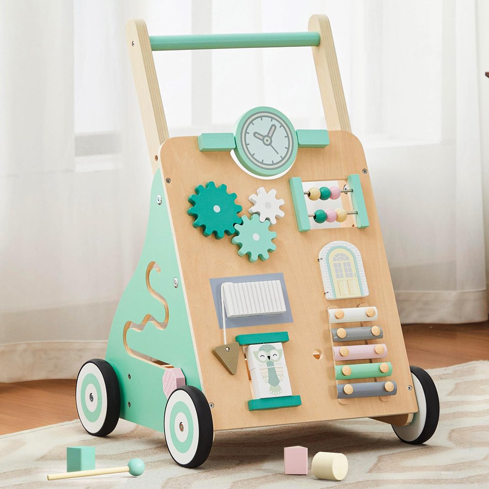 Tltaroni Baby Walker with Wheels, Wooden Baby Walker Push Toy Adjustable Height and Speed Montessori Walker Multiple Learning Activity Walker for Boys Ages 9+ Months, Green