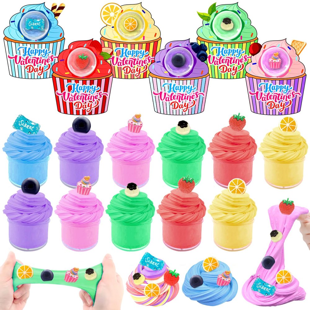 24 Pack Valentines Butter Slime Kit Stress Relief Toys Valentines Day Gifts for Kids with Cards School Classroom Colorful Soft Fruit Stretchy Slime Prefilled Goodie Bag Exchange Gift Party Favors