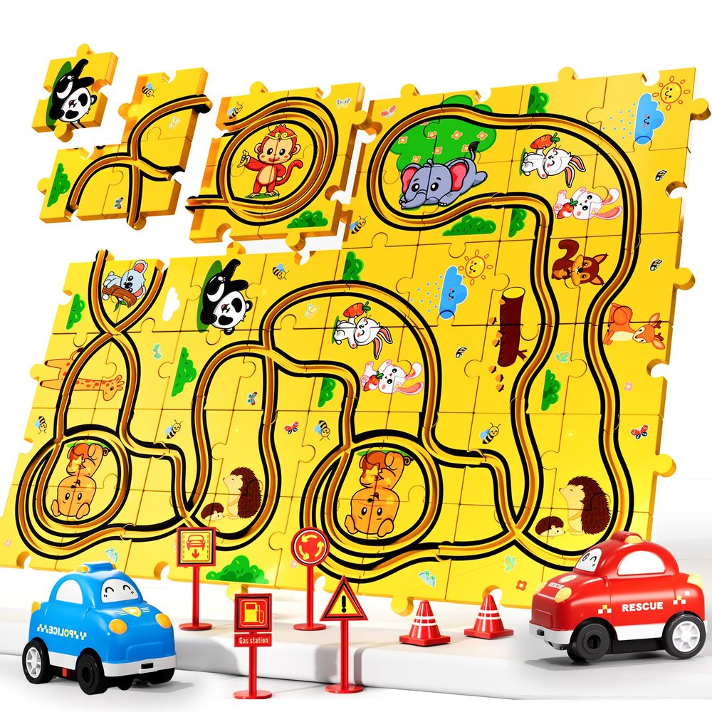 Bennol Puzzle Tracks Car Toys Gifts for 3 4 5 Year Old Boys, 48PCS Puzzle Racer Cars Play Set for Kids Ages 3-5 4-6, Toys Gifts for 3 4 5 Year Old Boys, Puzzle Racer Kids Car Track Set