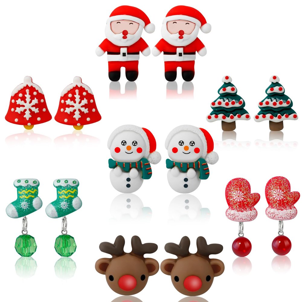 DEVIENG Christmas Clip on Earrings Gift for Kids Teen Girls Hypoallergenic 7 Pairs Sets Optional, Little Girl Cute Christmas Tree Santa Snowman Stockings Elk Small Clip in Earrings Jewelry Gifts