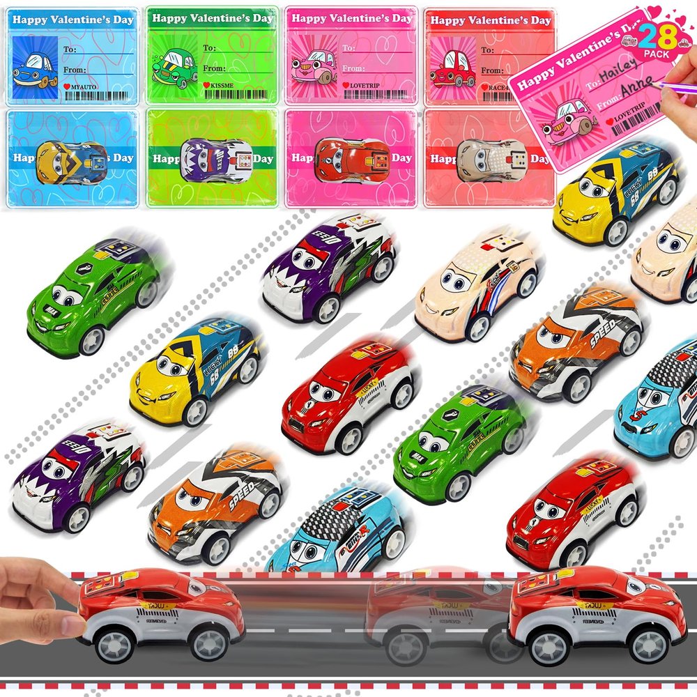 28 Pack Valentines Day Gifts for Kids Pull Back Cars Mini Vehicles Toy with Funny Valentines Day Cards for Kids School Classroom Party Favor Exchange Prizes Boys Toddlers Race Cars Girls Goodie Bag