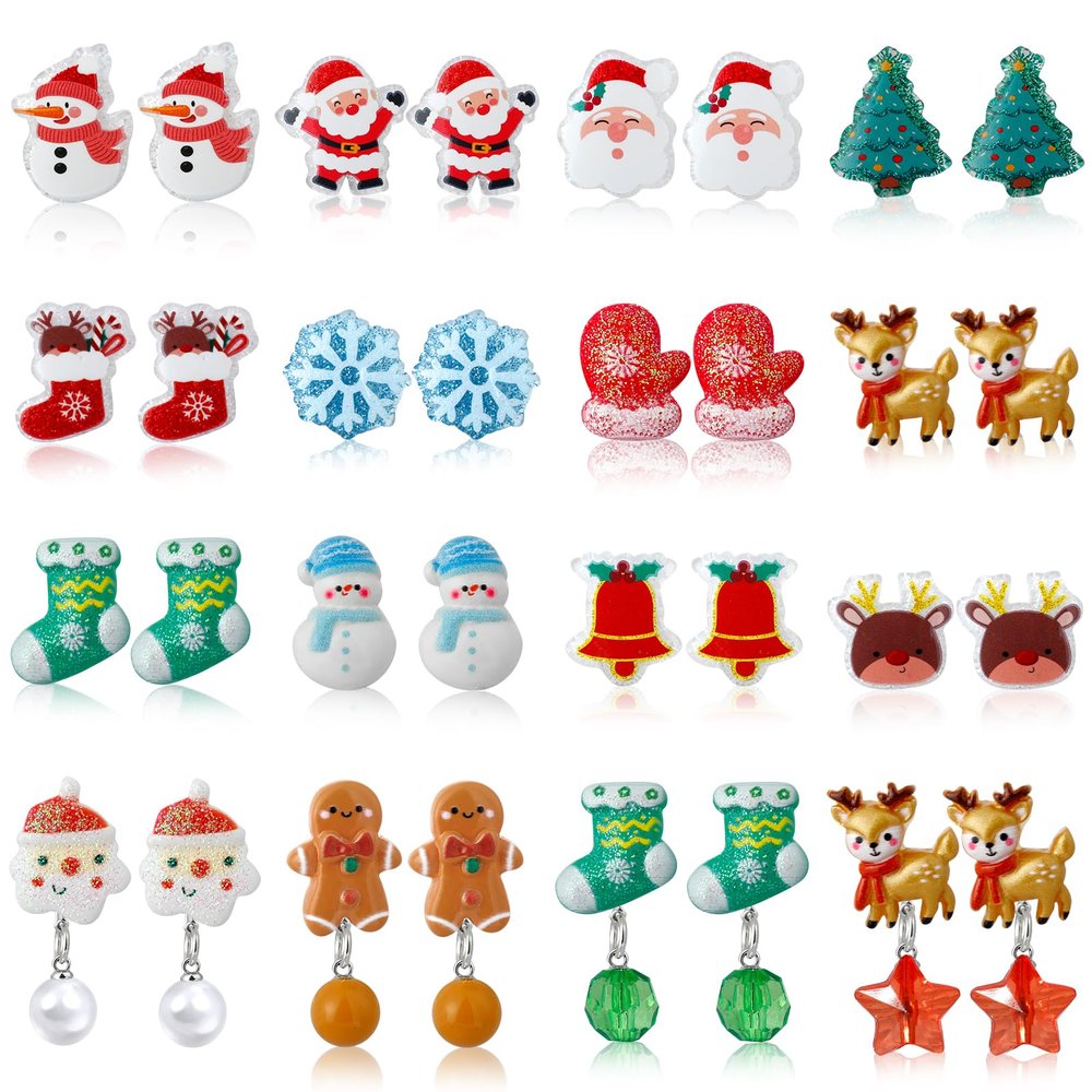 DEVIENG Christmas Clip on Earrings Gift for Kids Teen Girls Hypoallergenic Little Girl Cute Christmas Tree Santa Snowman Stockings Elk Small Clip in Earrings Jewelry Gifts (Clip On Earring-16 Pairs)