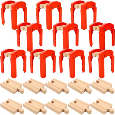 20 Pack Wooden Train Track Bridge Accessories Include 10 Red Bridge Support 10 Small Straight Track Wood Railway Train Track Bulk Compatible with Most Train Tracks