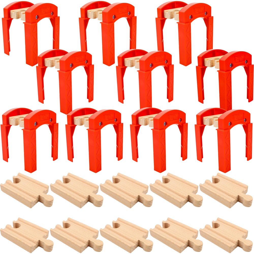 20 Pack Wooden Train Track Bridge Accessories Include 10 Red Bridge Support 10 Small Straight Track Wood Railway Train Track Bulk Compatible with Most Train Tracks
