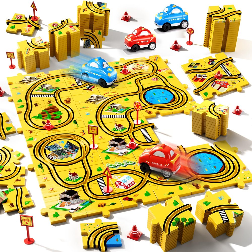 Beby Buty 48PCS Puzzle City Racer Car Track Set Toys for Kids, Toys Gifts for 3 4 5 Year Old Boys, Puzzle Racer Kids Car Track Set Ages 3-5 4-6, 3 4 5 Year Old Boys