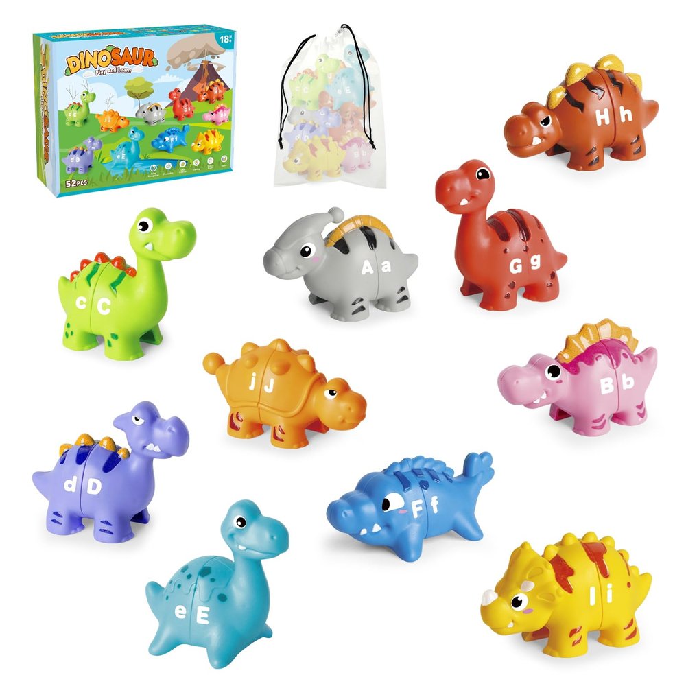 52PCS Dinosaur Alphabet Learning Toys for Toddlers 3-5, 10 Different Dinosaur Figures, Montessori Educational Toys Gifts for Boy Girl, Preschool Learning Activities, Double Sided ABC Matching Game