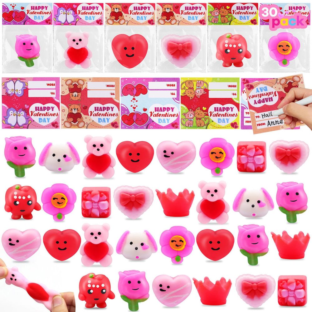 30 Pack Valentines Day Gift Cards with Mochi Squishy Toys, 10 Designs Kawaii Squeeze Toys Stress Relief Fidget Novelty Toy Valentines Gifts for Kids Toddlers School Classroom Exchange Party Favors