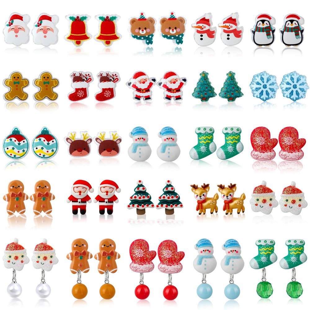 DEVIENG Christmas Clip on Earrings Gift for Kids Teen Girls Hypoallergenic 24 Pairs Sets Optional, Little Girl Cute Christmas Tree Santa Snowman Stockings Elk Small Clip in Earrings Jewelry Gifts