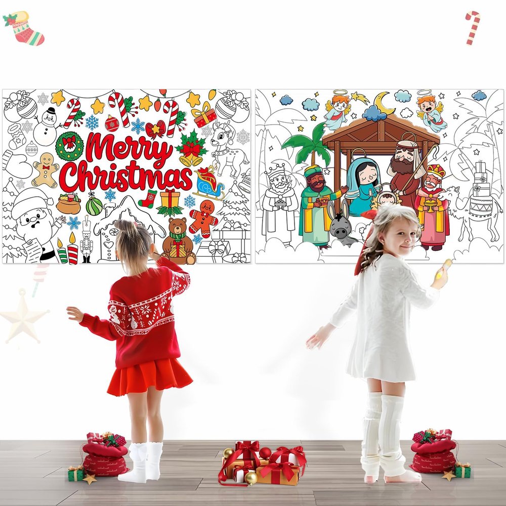 AUGSUN 2 PCS Giant Christmas Coloring Posters, Nativity Large Coloring Poster, Xmas Jumbo Paper Tablecloth Sheets for Kids Christmas Holiday Activities School Party Favors Gift