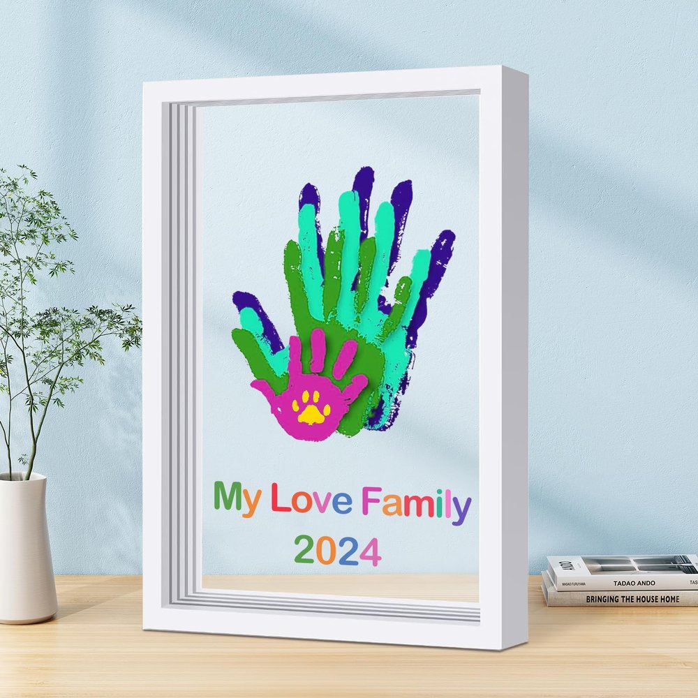 Family Handprint Kit DIY Craft Keepsake Wooden Frame Non Toxic Paints Transparent Sheets Perfect for Handprints Prints and Footprints Endless Present Set for New Parents and Family Memories (White)