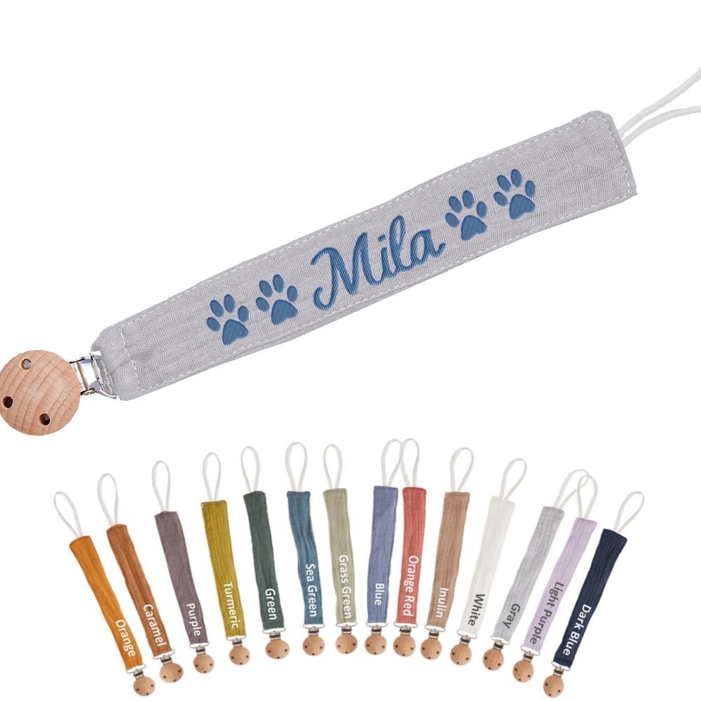 Custom Boho Pacifier Clip Holder with Embroidered Name A Perfect Personalized Baby Baptism Gifts in Eco-Friendly Bamboo! (Gray)